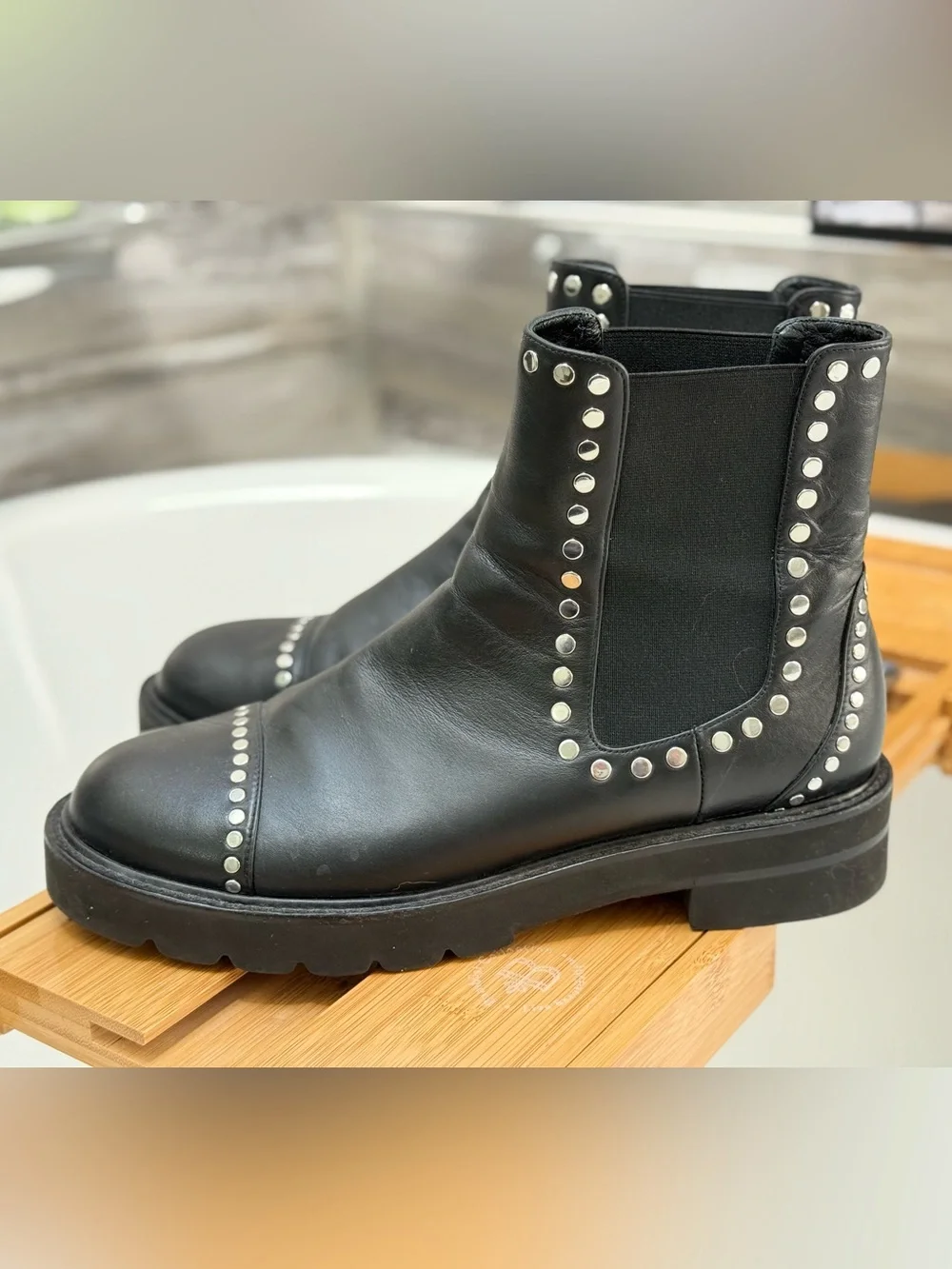 Stuart Weitzman Frankie Studded Chelsea Lug Ankle Boots in black